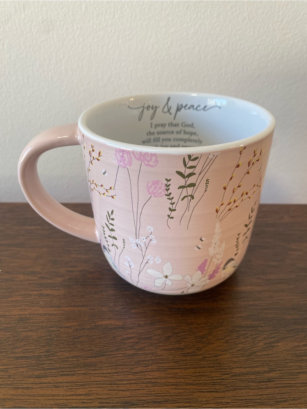 Spring Garden 18 oz Pink Ceramic Coffee Mug - Joy & Peace Romans 15:13 Scripture